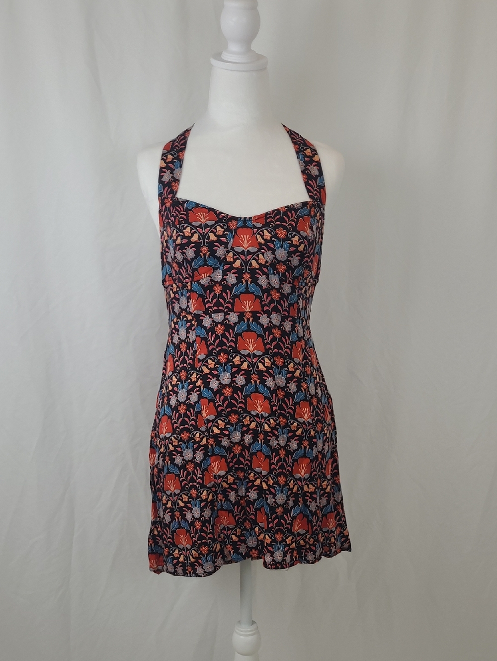 Free People Floral Halter Dress in Navy, Coral, and Light Pink